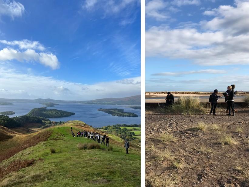 photographs of a field trip to the isle of Arran, showing blue skies and islands