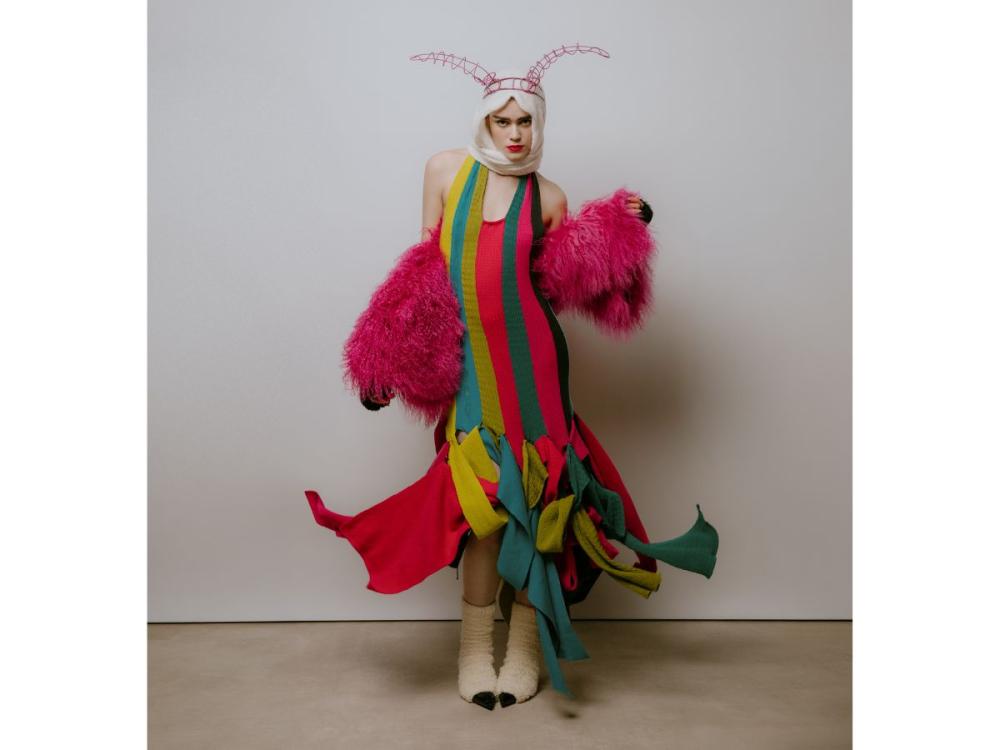 A model wears a dress of brightly-coloured, wide, vertical stripes with strips flaring out rom the bottom; she has a rich pink feathered stole across her arms, a white scarf over her head and a wire headdress of horns.