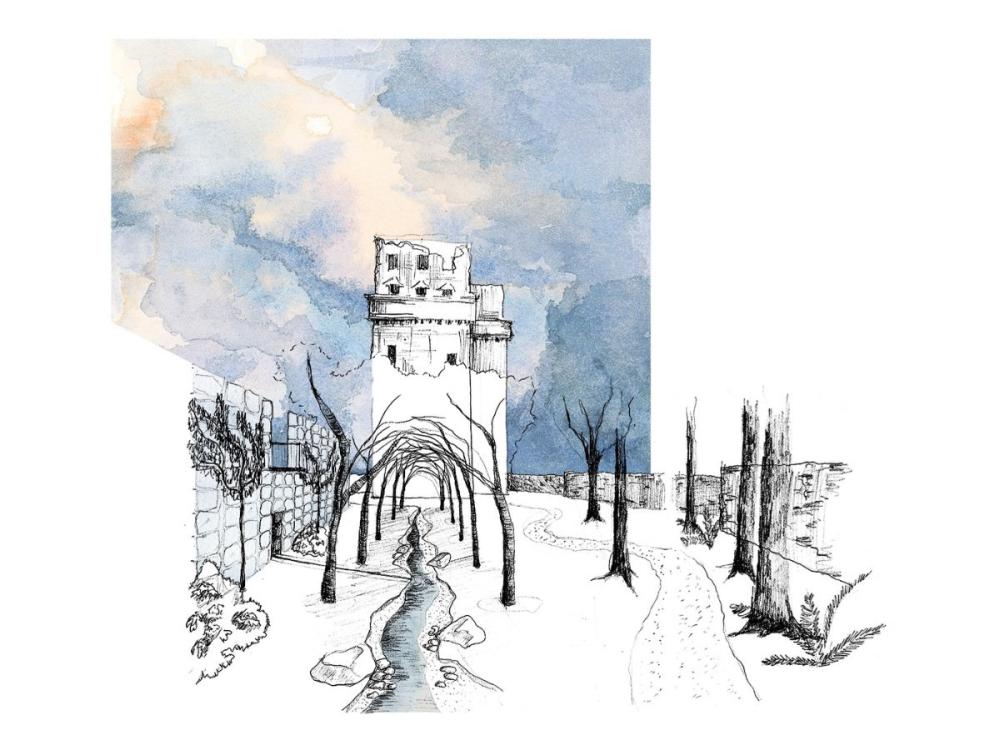A drawing of a garden with bare trees, a stream through the middle, and a tall building at the fear. The sky is a grey-blue watercolour.