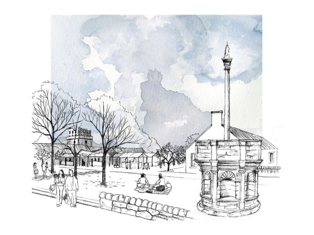 A drawing of an open space with the Prestonpans Mercat Cross situated in it. Alongside, two people sit and picnic; others stroll past. There looks to be a market in the background. The sky is a grey-blue watercolour.