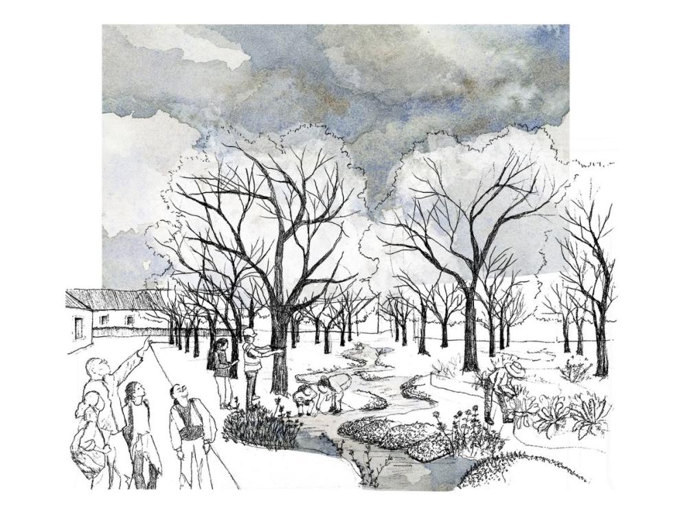 A garden with trees and a stream through the middle. Two children stoop to look at something in the water; adults stroll by. Someone in a broad-brimmed hat is gardening.