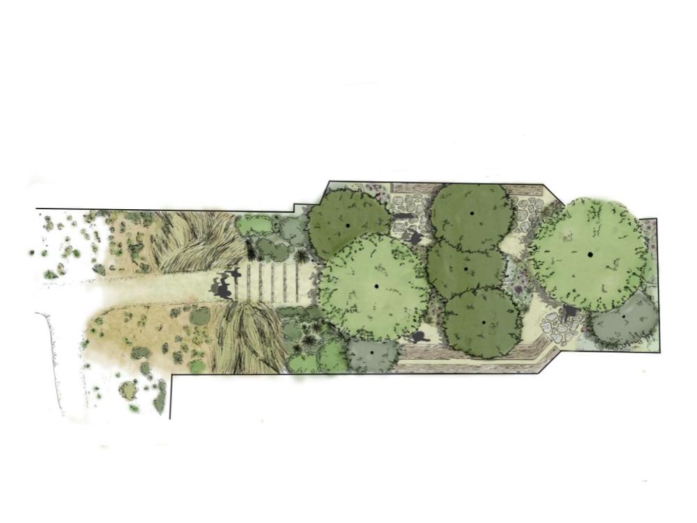 A drawing showing an arial view of a park with trees, a path, and steps.