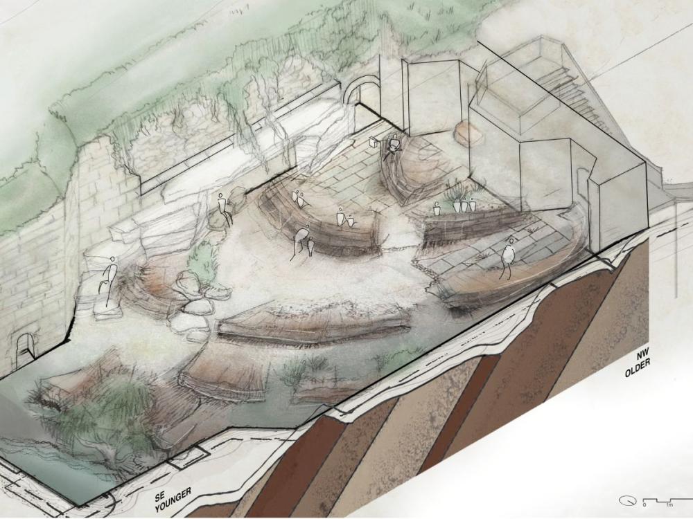 A sectional sketch in muted tones of green and brown. It shows areas of paving and trees along with a cross section of the earth below the park area.