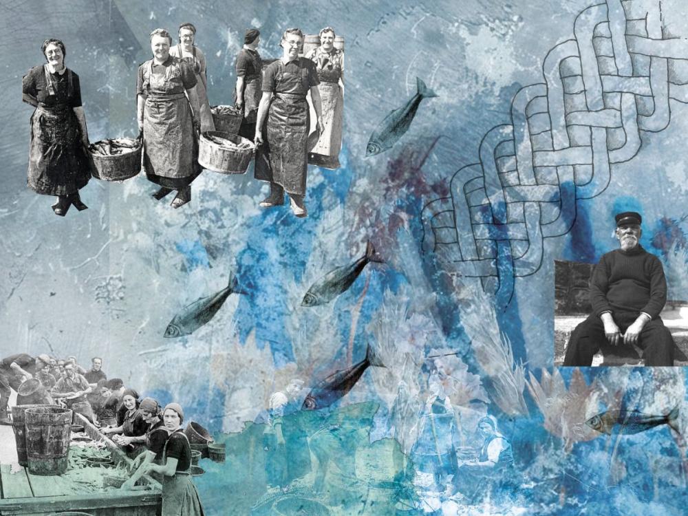 A collage using historic black and white photos of a group of fisherwomen and a fisherman. In the background are handdrawn elements in a loose style in shades of white, green and blue.