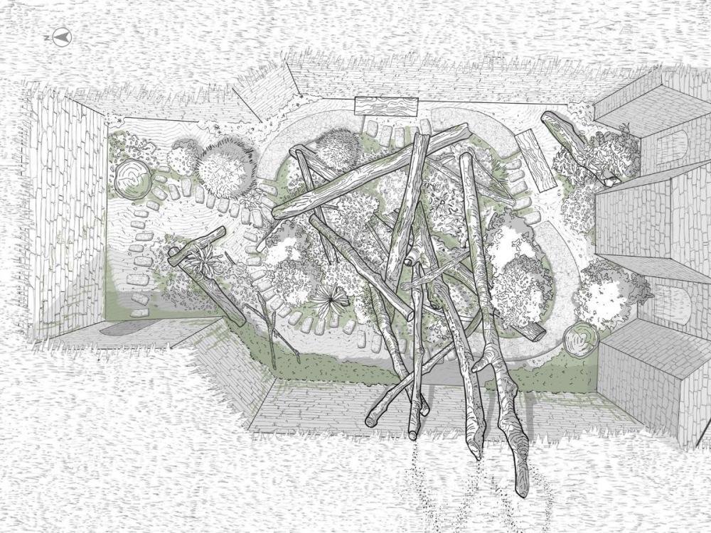 A detailed pencil drawing of the park area.