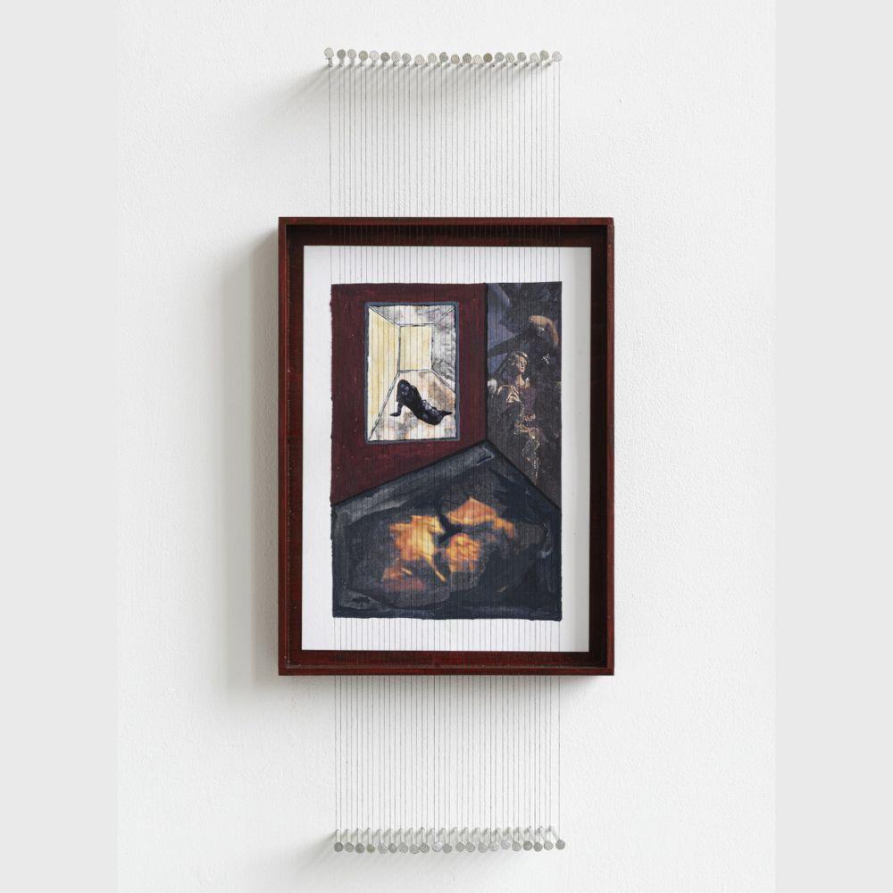 A painting in a frame on a white wall - a dark room; through an opening we see a dark figure half lying, half propped up, on the floor. Suspended in front of the frame are lines of threads or wires, pulled taut around two rows of nails, one row above the frame, and one below, parallel to the frame edges.