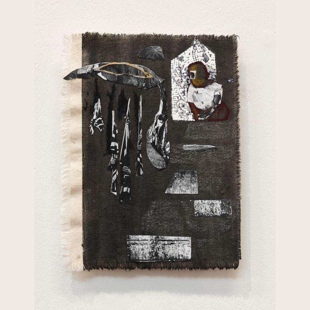 A piece of canvas with frayed edges. It is mostly painted black/grey, with one white strip at the left-hand edge. There are several shapes and patterns collaged onto the canvas, including one that looks like a baby.