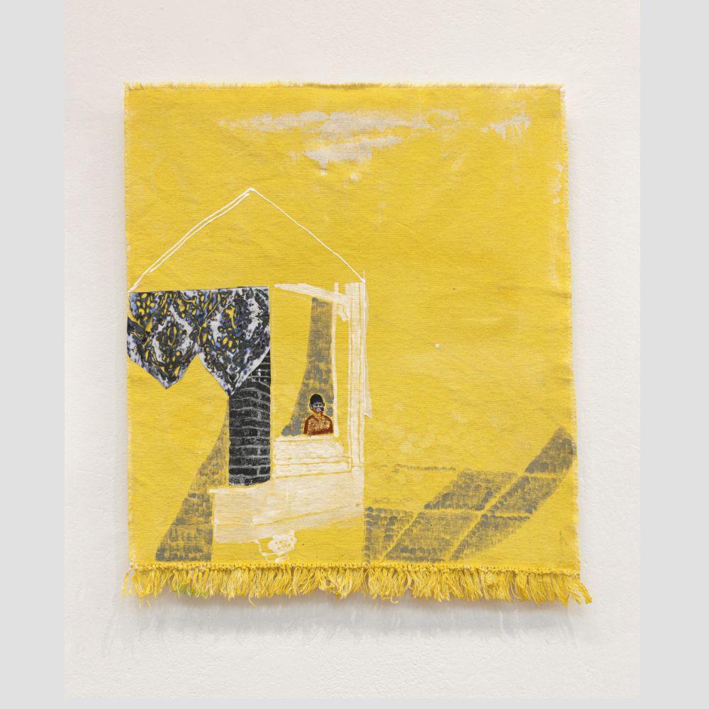 A yellow canvas with a fringe across the bottom. A collage/printed image shows a figure at the centre, perhaps looking out of a window with a roof above.