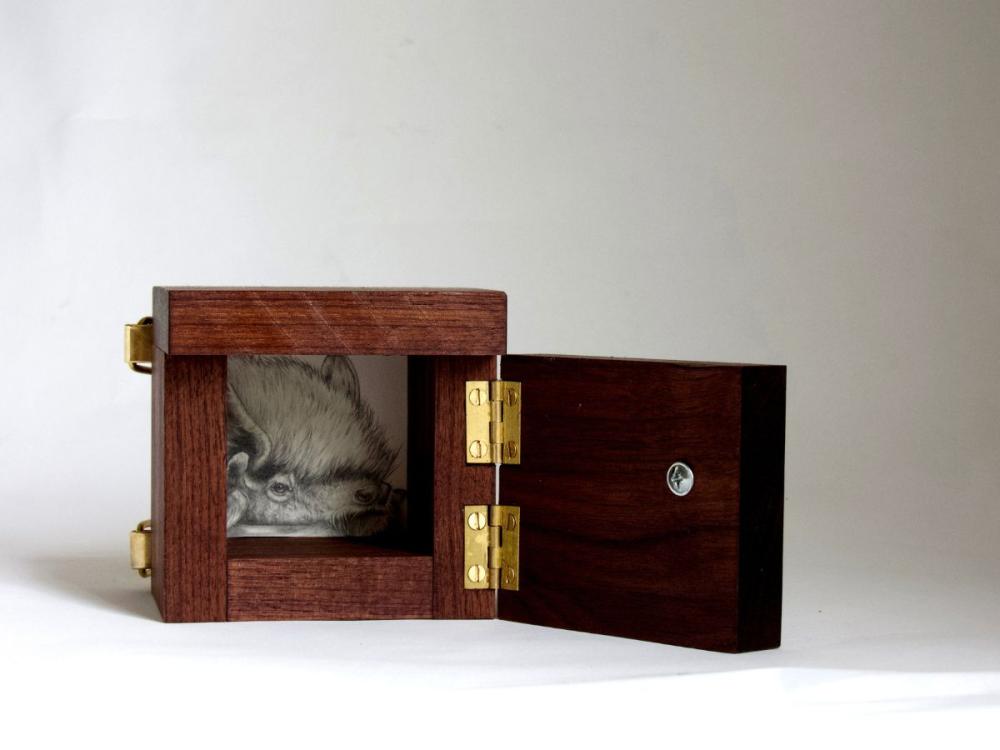 A studio photograph of a box made of dark wood, with brass hinges and catches. It has a door at the front, which is open, revealing a detailed close-up pencil drawing of a bat's head, one eye clearly visible to the viewer.