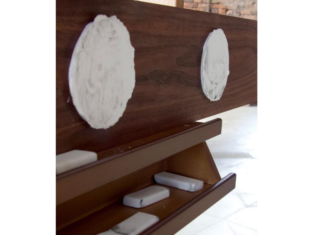 A plank of dark wood on an easel, with circular pencil drawings on it. They are close up, detailed images of bats, but have been made hard to see by being erased. On a shelf below the images are several erasers, looking used.