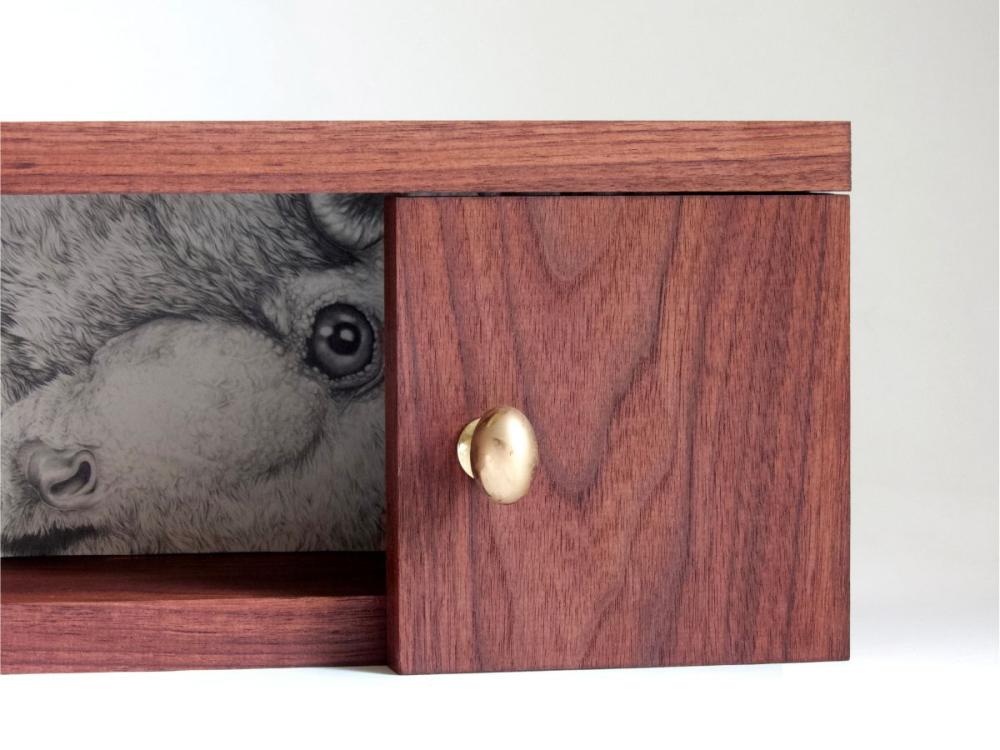 A studio photograph of a box made of dark wood, with a brass door knob. One door is open, revealing a detailed close-up pencil drawing of a bat's head, one eye clearly visible to the viewer.