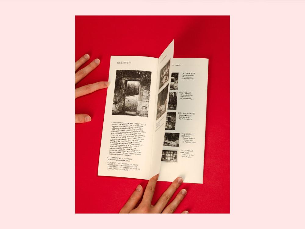 Two hands hold open a white booklet on a red background. The left panel, headed "The Doorway", shows a black and white photograph of a ruined stone doorway above a long quotation attributed to H. Repton, 1803. The right panels list captioned thumbnails of the same sites, each photographed in February 2026.