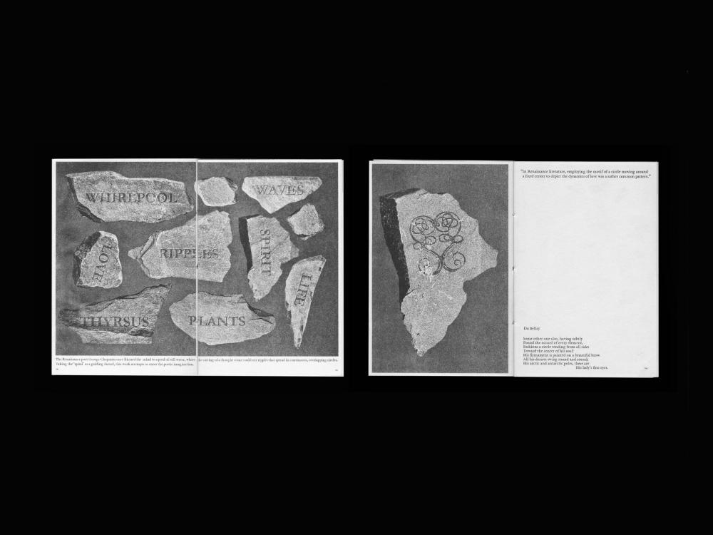 Two black and white spreads on a black background. The left spread arranges photographed broken stone slabs, each engraved with a single word: Whirlpool, Waves, Love, Ripples, Spirit, Life, Thyrsus and Plants. The right spread shows a stone incised with a looping spiral motif beside a Renaissance love poem by Du Bellay.
