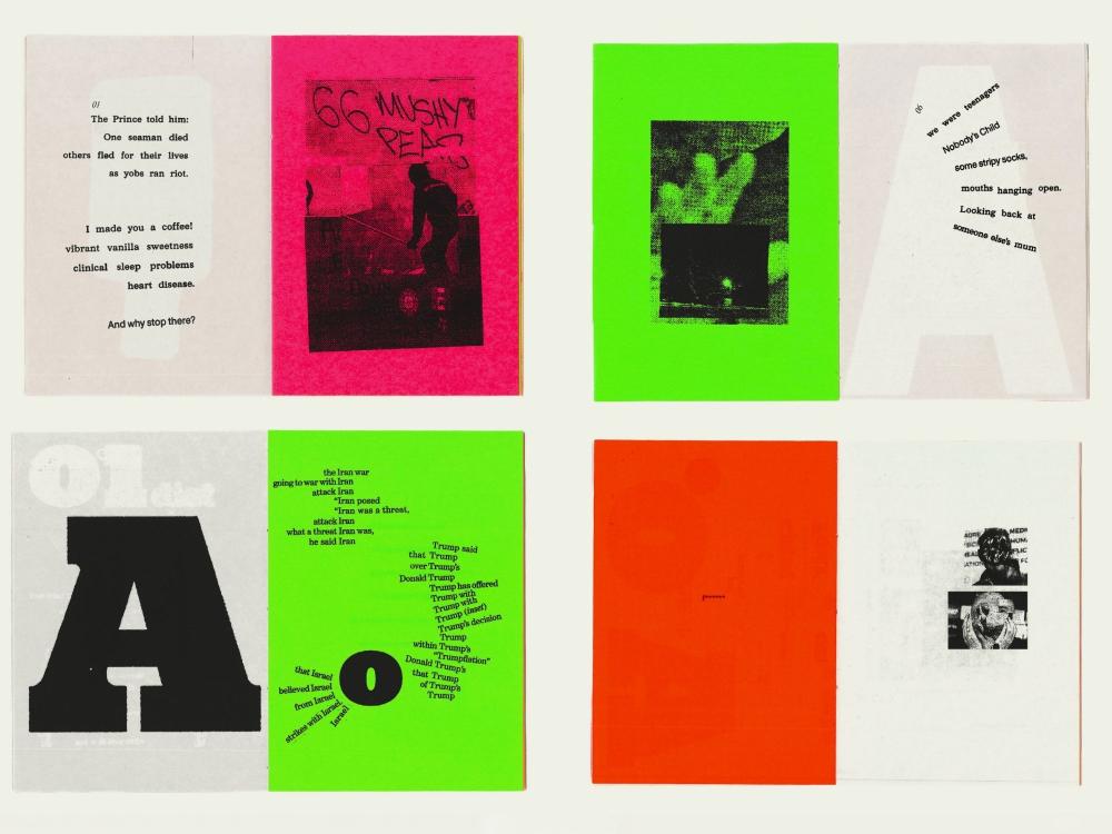 Four interior spreads from a poetry zine shown close up, pairing typewriter poems with high-contrast photocopied photographs on fluorescent pink, green and orange grounds. One page reads "66 mushy peas"; another collages fragmented news phrases about Iran and Trump around large letters A and O.