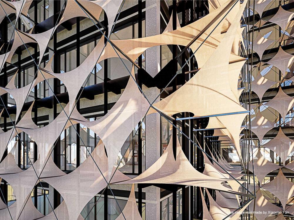 A view of a retrofit facade to control sunlight and insolation in an arid climate.