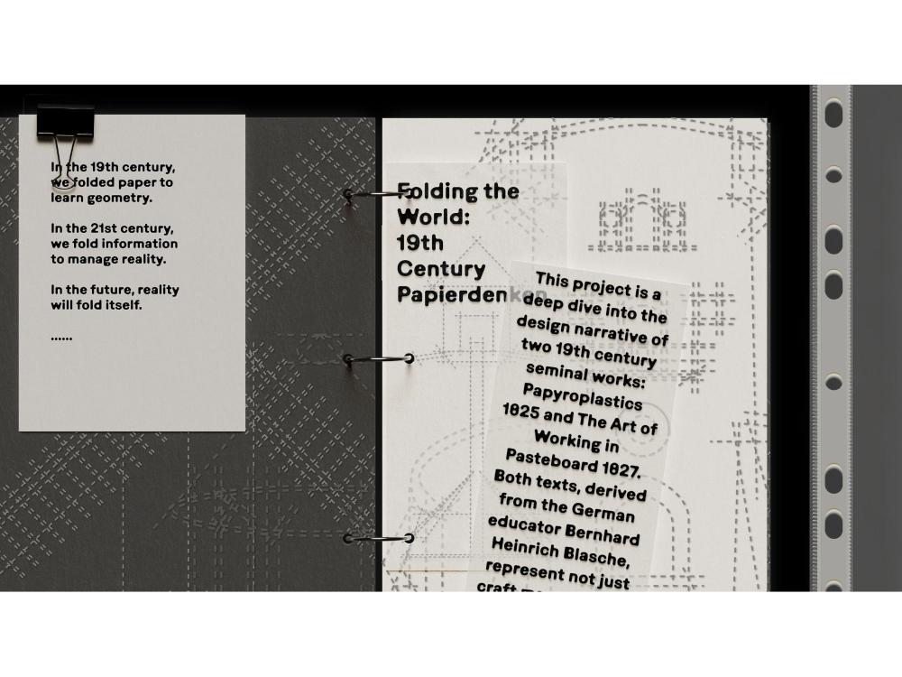 A tilted magenta and black page. White outline type spells "Folding the World" and states that geometry is adaptive and organic, self-assembling in response to its environment. Alongside are intricate objects rendered entirely from tiny black dashes and characters, labelled Object No.01 Castle and Object No.04 Pavilion.