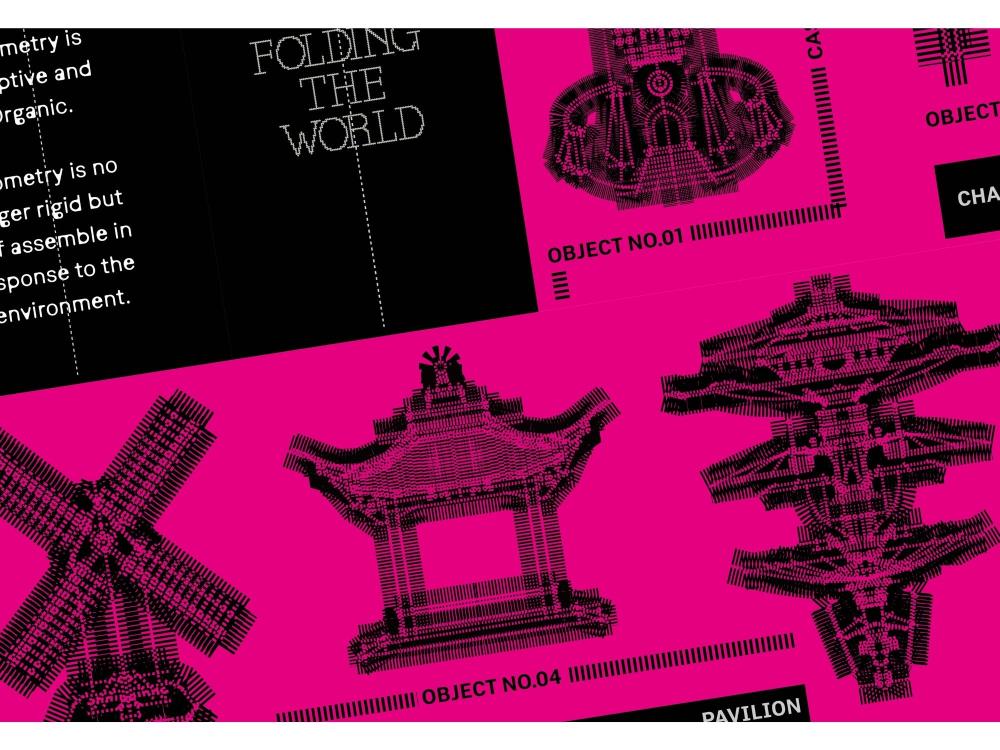 A tilted magenta and black page. White outline type spells "Folding the World" and states that geometry is adaptive and organic, self-assembling in response to its environment. Alongside are intricate objects rendered entirely from tiny black dashes and characters, labelled Object No.01 Castle and Object No.04 Pavilion.